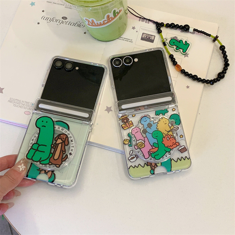 ไดโนเสาร์น่ารักวงเล็บสร้อยข้อมือเคสโทรศัพท์สําหรับ Samsung Galaxy Z Flip 7 FE 6 5 4 8 โปร่งใสกระเป๋ากันกระแทก