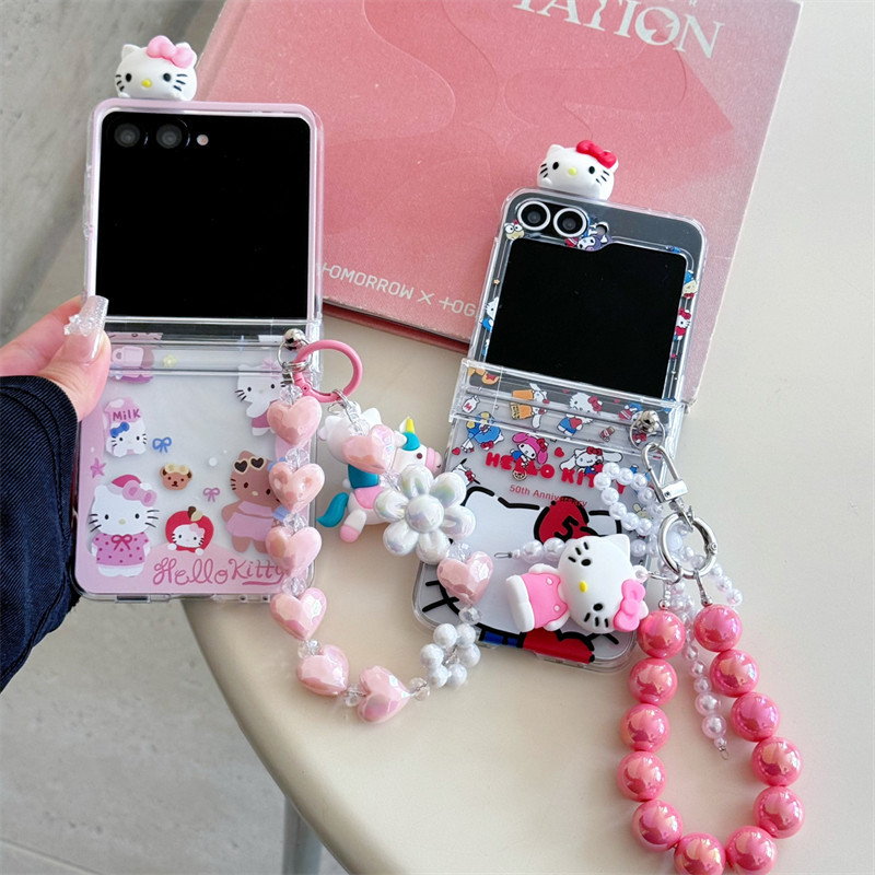 3D สีแดง Hello Kitty สร้อยข้อมือเคสโทรศัพท์สําหรับ Samsung Galaxy Z Flip 8 7 FE 4 5 6 บานพับกันกระแทก